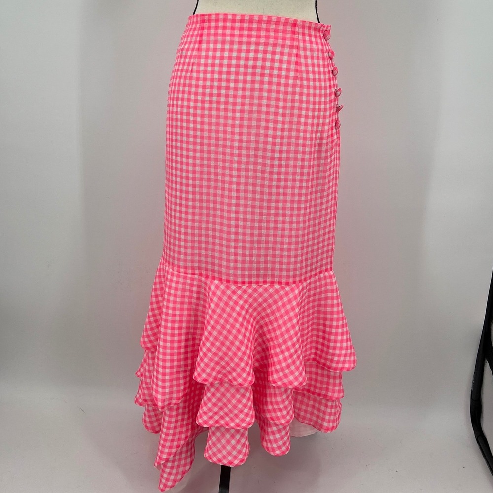 NBD Nava Hot Pink Gingham Plaid Ruffle Mermaid Maxi Skirt High‎ Waist Tiered Med